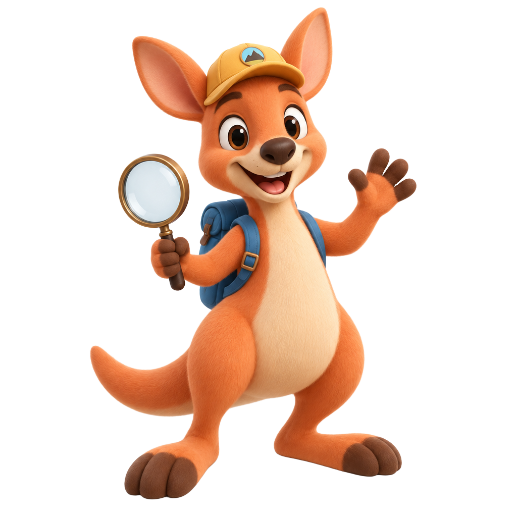 Tumbo, the Tumble Discovery explorer mascot, holding a magnifying glass
